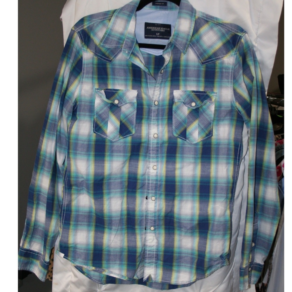 American Eagle Outfitter Western Pearl Snap Plaid Shirt Blue Green Vintage Fit S
